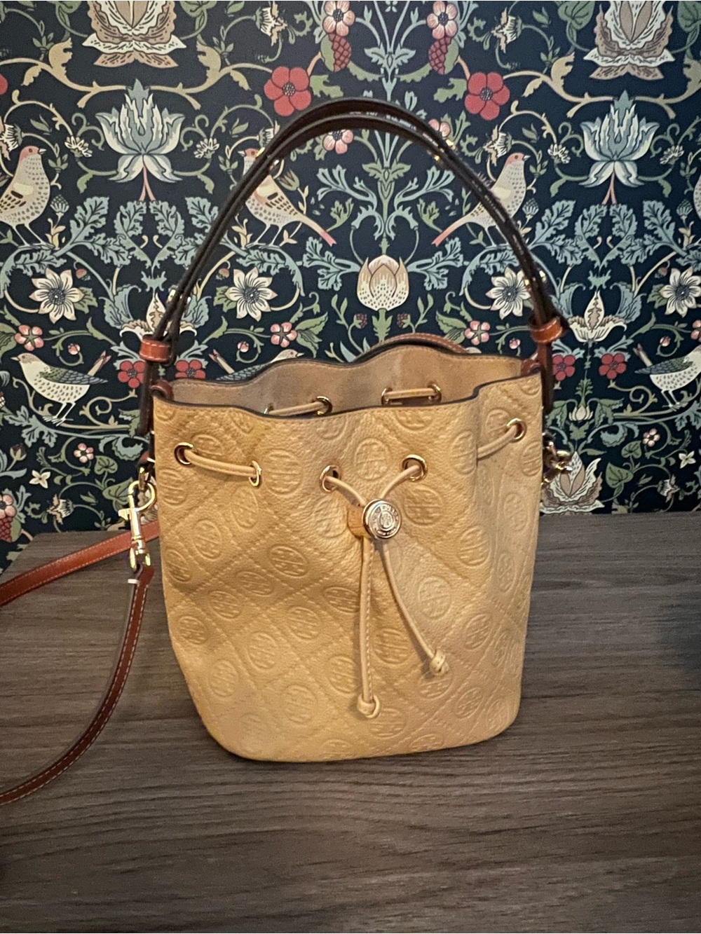 Tory Burch Tan Embossed Logo Drawstring Bucket Bag with Brown Handle